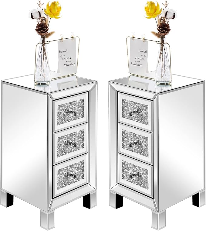 VINGLI 3-Drawer Mirrored Nightstand Bedside Table Modern Night Stands Set of 2 by VINGLI