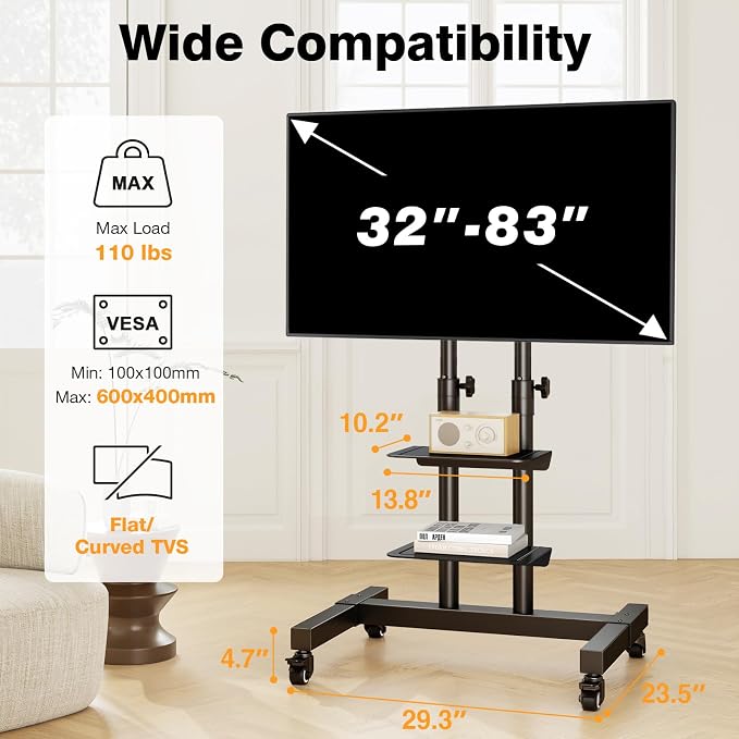 Mobile TV Stand Rolling TV Cart Floor Stand - Image 8