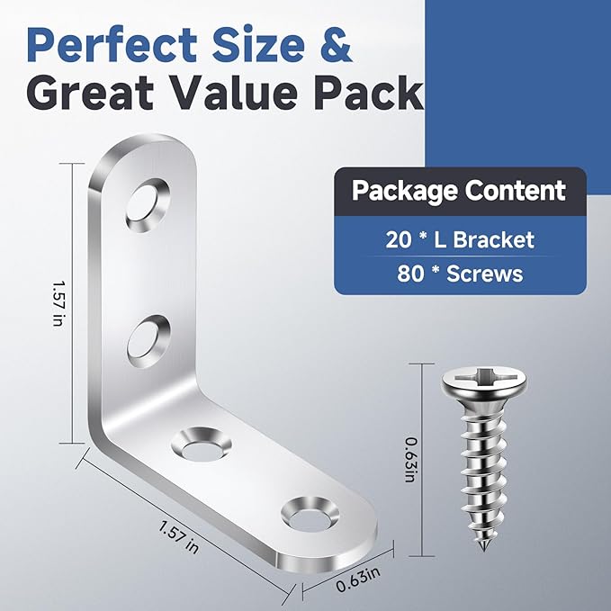 20PCS L Bracket Corner Brace Sets, Stainless Steel L Brackets - Image 2
