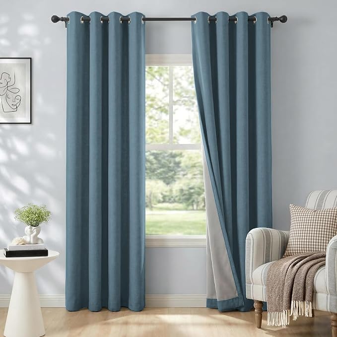 100% Blackout Linen Textured Curtains 63 Inch Long, Stone Blue | 100% Blackout by 100BlackoutShield