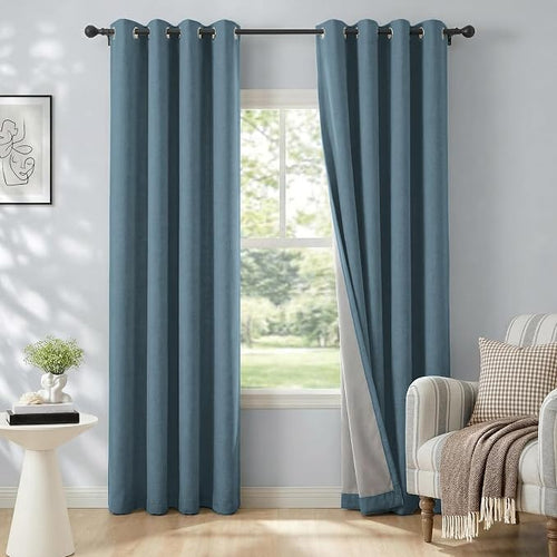 100% Blackout Linen Textured Curtains 63 Inch Long, Stone Blue | 100% Blackout by 100BlackoutShield