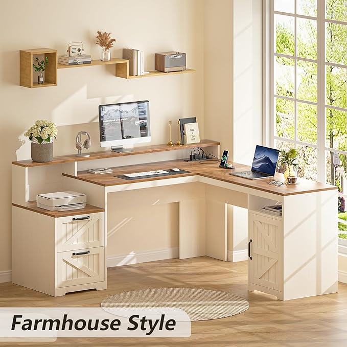 YOMILUVE 63" Farmhouse L Shaped Executive Desk - Image 3