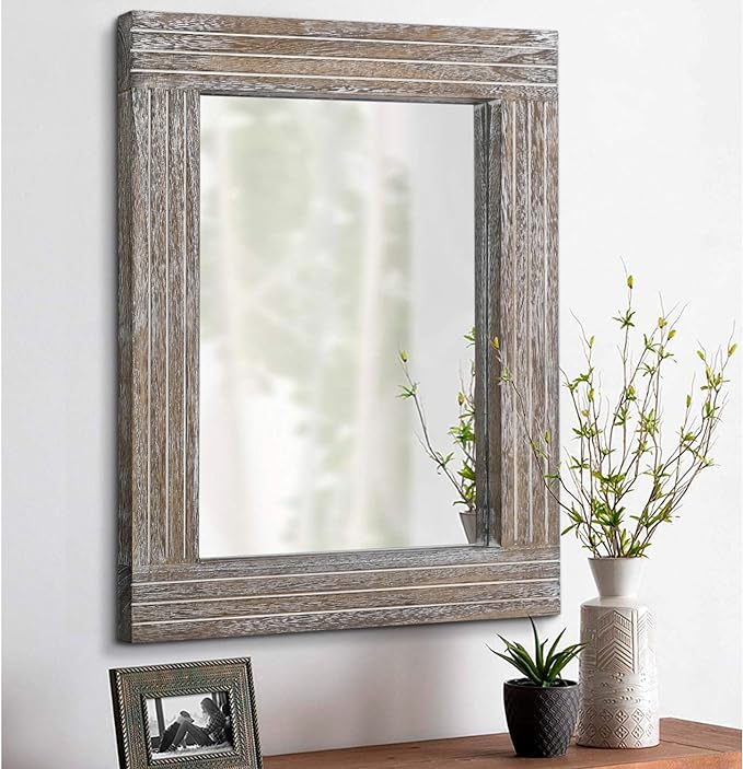 Rustic Wood Framed Wall Mirror Farmhouse Rectanglular Vintage Antique Decor by HLFMVWE