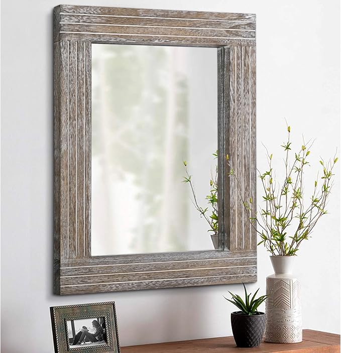 Wall Mirror Rustic Wooden Frame Rectangle Mirror Vintage Hanging Mirror by HLFMVWE