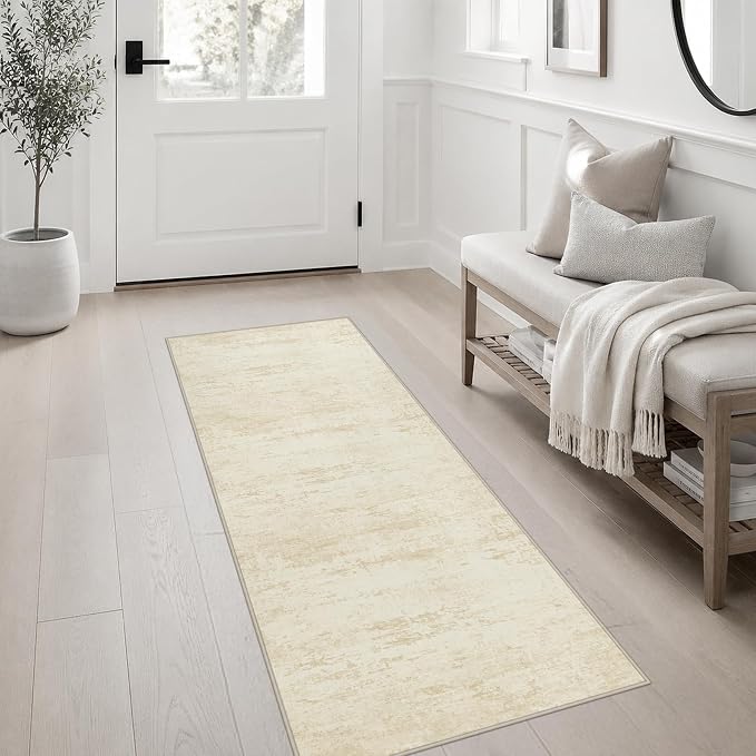2x5 Washable Runner Rug：Modern Abstract Kitchen Soft Carpet Beige | - Image 3
