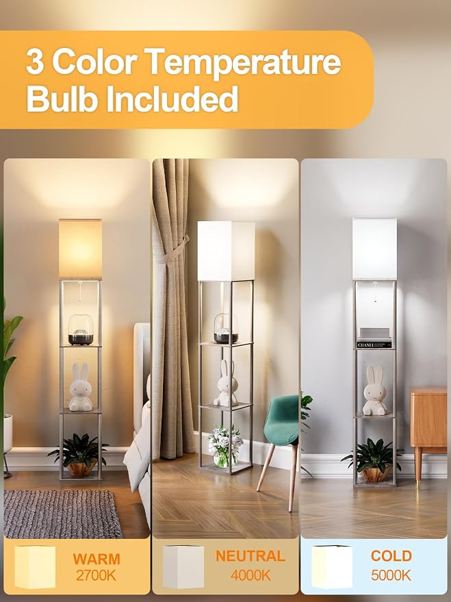 Floor Lamp with Shelves for Living Room Oak Gray, Shelf Floor Lamp with 3 CCT - Image 3