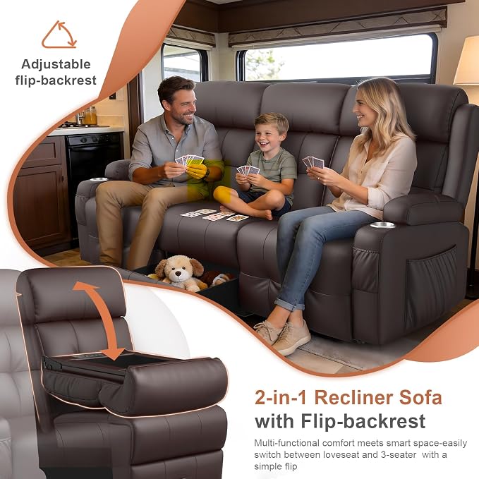 RV Loveseat Recliner Sofa, Built-in Power Strip, Massage Wall Hugger 3-Seater - Image 5