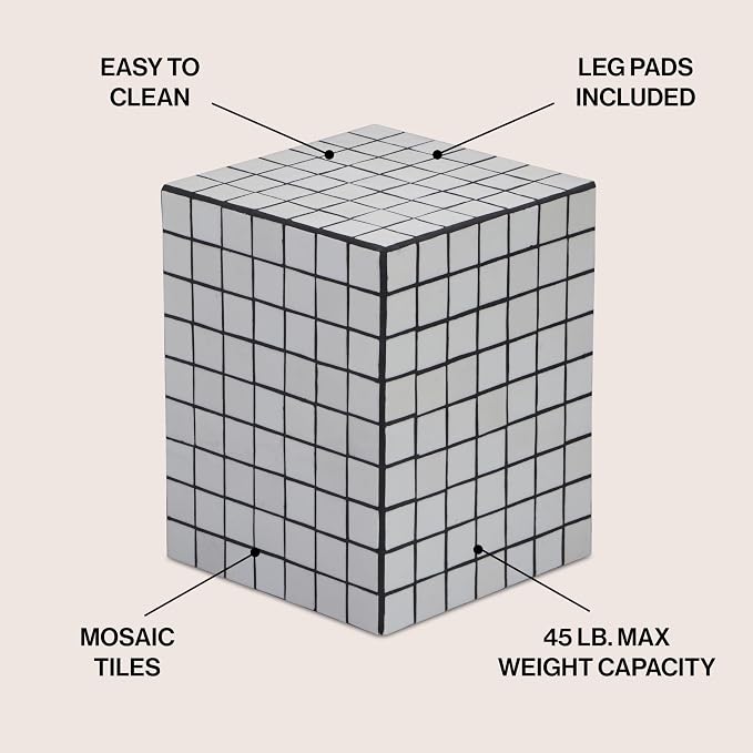 JONATHAN Y Callista White/Black Modern Ceramic Tiled Cube Side Table, 18-Inch - Image 3