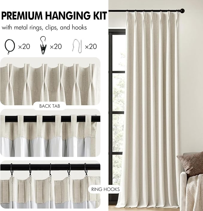 MIULEE Natural Pinch Pleated 100% Blackout Linen Curtains 40x112 Inches | Room - Image 8