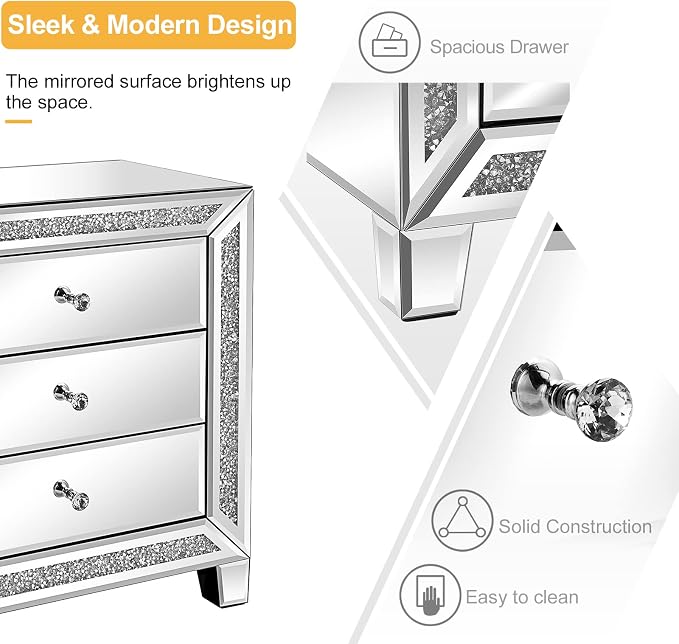 VINGLI Mirrored Nightstands Set of 2, Modern Bedside Table 3 Drawer Glass Side - Image 4