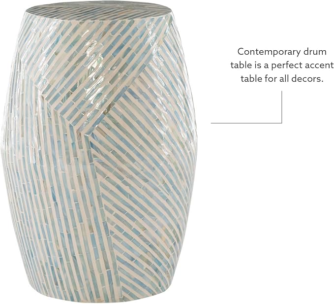 Linon Tylin Ivory and Blue Capiz Drum Accent Table - Image 9