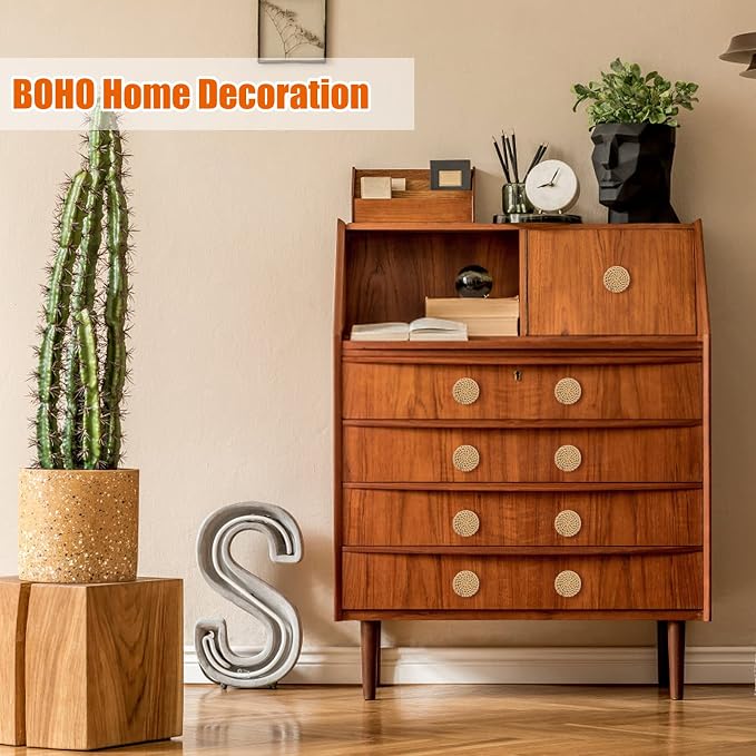 ANPHSIN 24 Pack Boho Rattan Cabinet Dresser Knobs- Durable Beech Wood Drawer - Image 3
