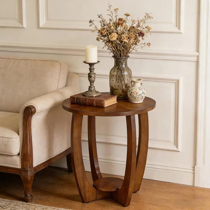 Round Solid Wood Coffee & End Table Set, 2-Piece Solid Wood Living Room Table - Image 7