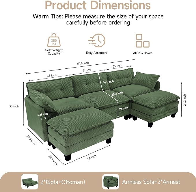 Amsleekey Modular Sectional Sofa, 111.5" U-Shaped Corduroy Comfy Sectional - Image 2