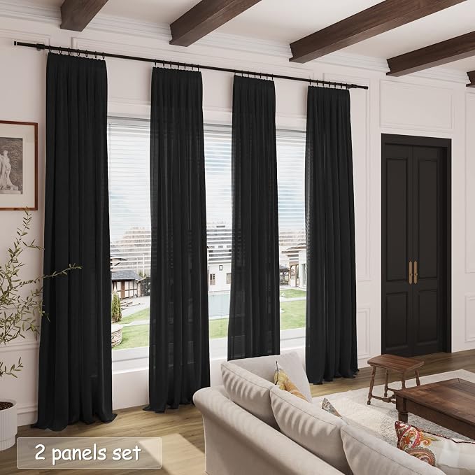 Black Semi Sheer Linen Curtains 84 inch Length - Image 7