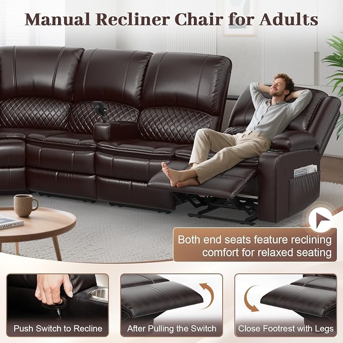 Yolsali Home Theater Seating Reclining Sectional Sofa, 5 Seats Soft Leather - Image 7