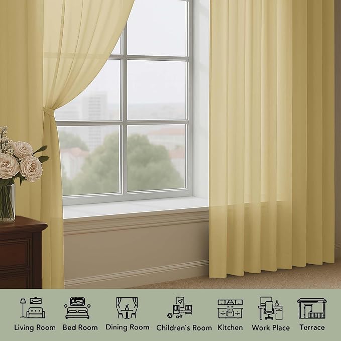 Extra Long Gold Sheer Curtains 96 Inches Long 2 Panels Set, Soft Lightweight - Image 3