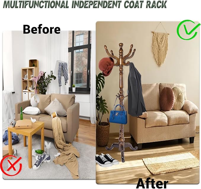 74" Wooden Coat Rack Stand, Coat Racks Freestanding - Image 5