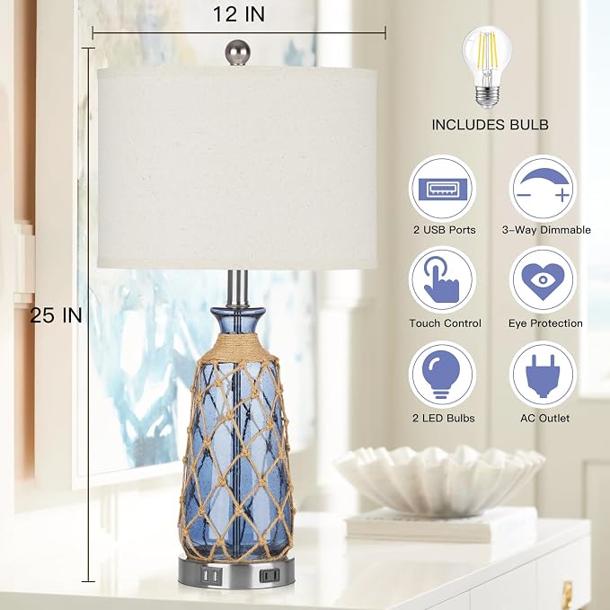 Ruzectt Coastal Glass Table Lamps, 3-Way Dimmable Touch Control Bedside Lamps - Image 4
