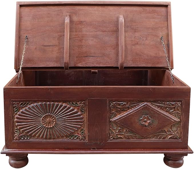 18 Inch Tall Vintage Trunk Storage Coffee Table | Rectangle Solid Wood Chest - Image 5