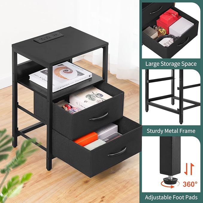 Yoobure Nightstand with Charging Station, Small Night Stand with Fabric Drawers - Image 8