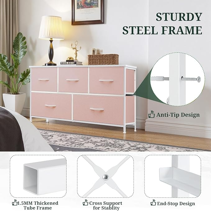 5-Drawer Dresser for Bedroom, Anti-Tip Wide Storage Organizer Fabric Chest of - Image 4