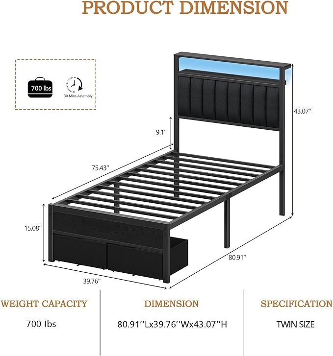 Furnulem Twin Bed Frames with Charging Station and LED Lights, Metal Platform - Image 2