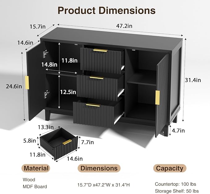 47.2" W Storage Cabinet with 3 Drawers, Fluted Buffet Cabinet with Storage - Image 2