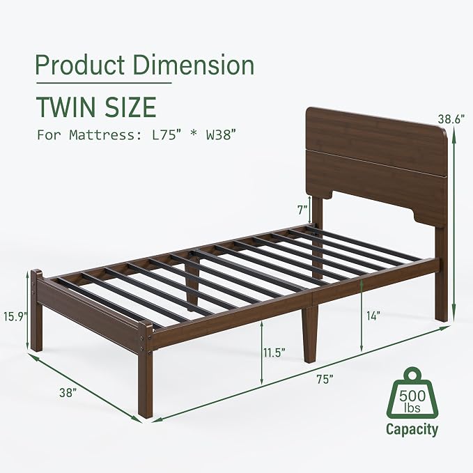 BOSRII 14in High Solid Bamboo Wood Platform Twin Size Bed Frame - Image 2