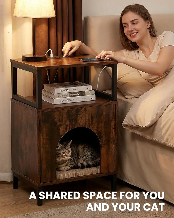 Cat Side Table with Charging Station & Storage Shelf, Small End Tables with Cat - Image 5