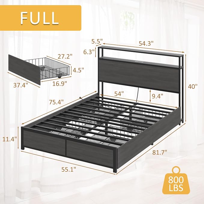 Lifezone Full Bed Frame with 2-Tier Storage Headboard, Metal Platform Bed Frame - Image 2