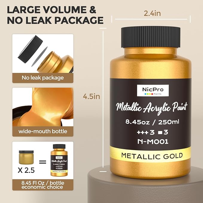 Nicpro Metallic Gold Acrylic Paint, 8.45oz/250ml Large Gold Leaf Paint - Image 8