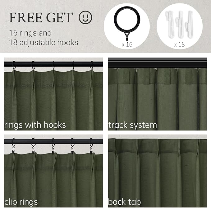 Topfinel 102 Inch Pinch Pleated Linen Curtains 1 Panels, Olive Green Semi Sheer - Image 2