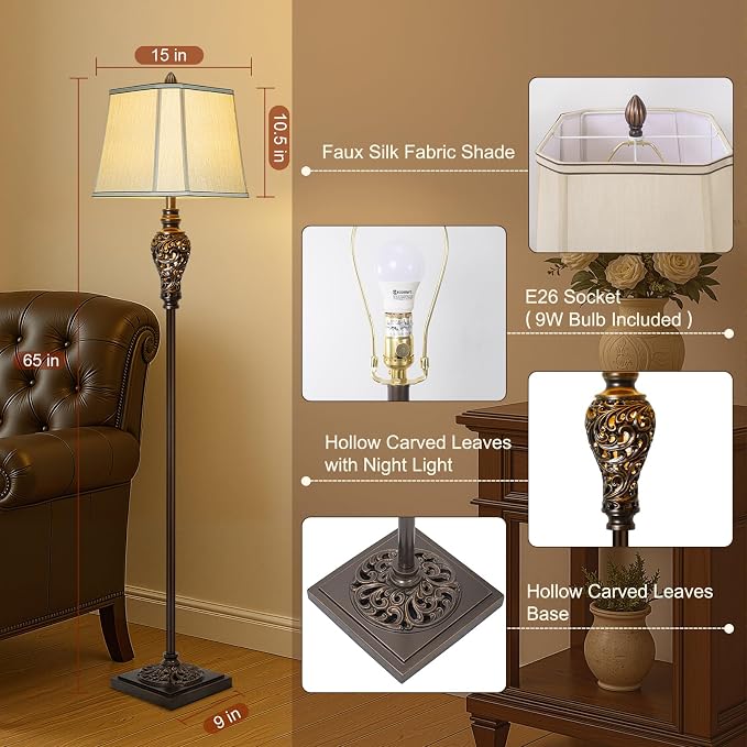 Vintage Floor Lamp with Night Light, Farmhouse Industrial Design Tall Lamp - Image 2