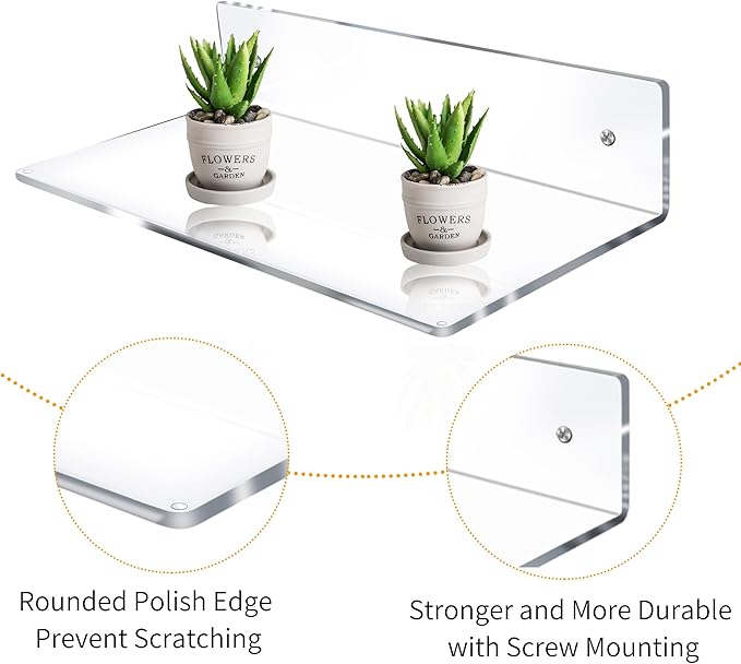 Jansburg 12 Inch L-Shaped Acrylic Floating Shelf Clear Wall Mounted Shelves - Image 4