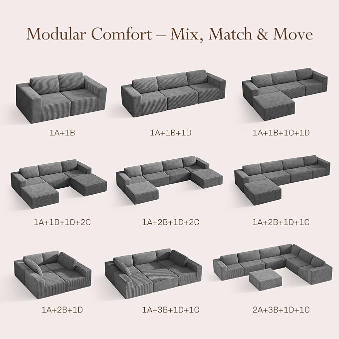 Vesgantti 119" L-Shaped Modular Sectional Sofa, Corduroy Cloud Couch - Image 9