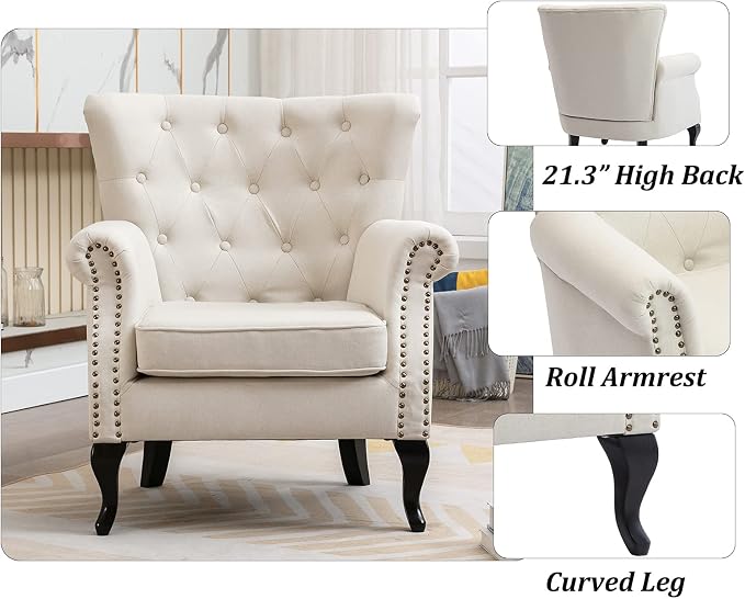 Mid Century Accent Chair for Living Room, Linen Fabric Button Tufted Armchair - Image 4