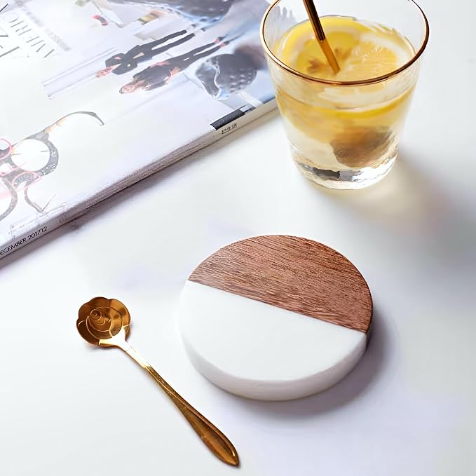 I-LAN 8-Pack Marble and Acacia Wood Coasters, 4-Inch Round Modern Drink Coaster - Image 4
