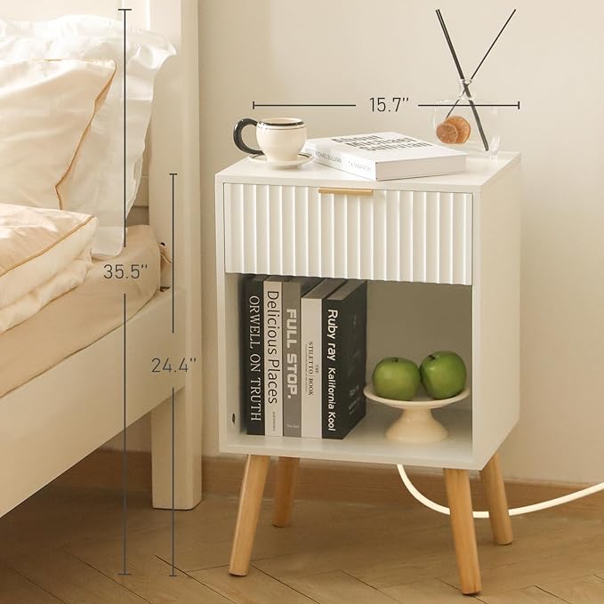 Fultyle White Nightstand with Charging Station, Mid Century Modern Bedside - Image 2