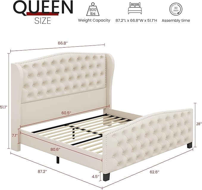 BRELTAM Upholstered Queen Size Bed Frame Velvet Beige Tufted Platform Bed Frame - Image 2