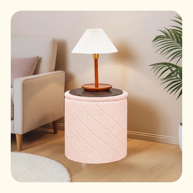 PINPLUS Ottoman with Stroage Round Boucle Ottoman and Tray Sherpa Removable - Image 2