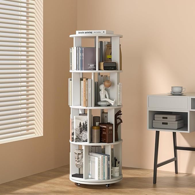 4-Tier Solid Wood Rotating Bookshelf on Wheels, 360° Spinning Book Shelf Tower by IUNVR