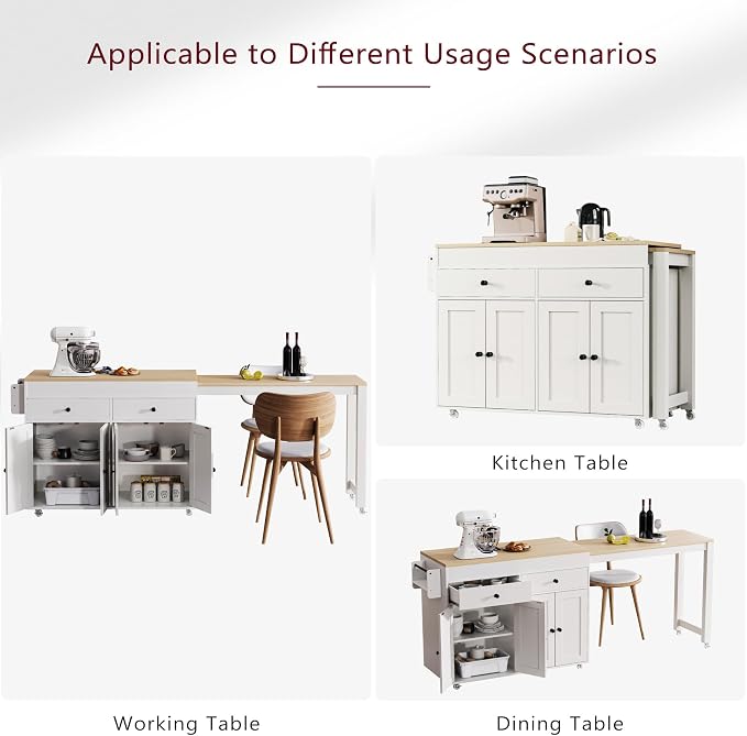 74.5 Inch Kitchen Island with Extendable Dining Table, Rolling Kitchen Island - Image 7