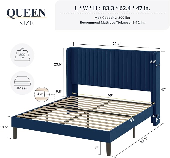Allewie Queen Size Velvet Bed Frame/Vertical Channel Tufted Wingback - Image 2