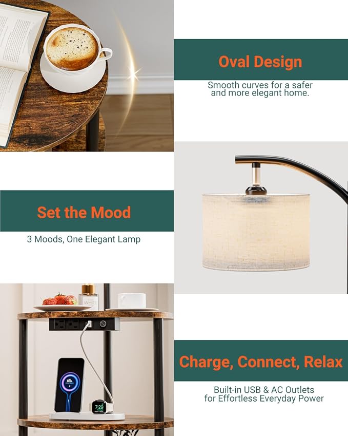 Round Side Table with Lamp and USB Ports, 3-Tier Small End Table - Image 5