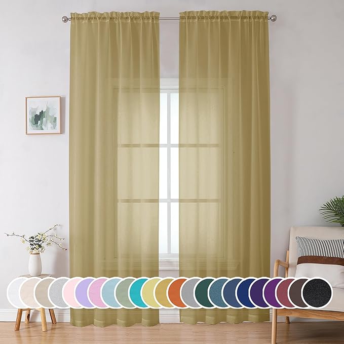Gold Sheer Curtain 96 Inch Long 2 Panels Set, Light Filtering Clear Rod Pocket by OWENIE