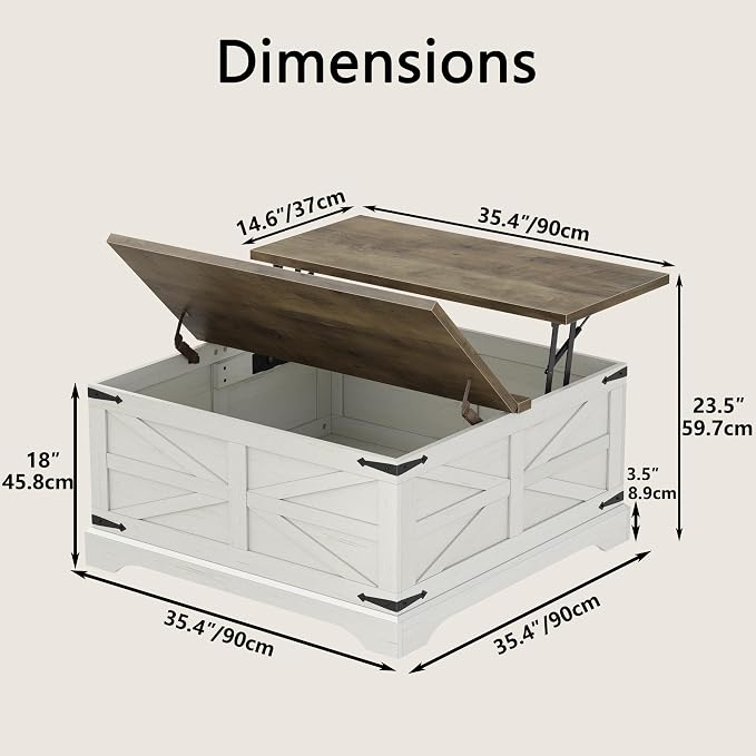 Furnideco 35.5''W Square Coffee Table Farmhouse Lift top Coffee Table - Image 2