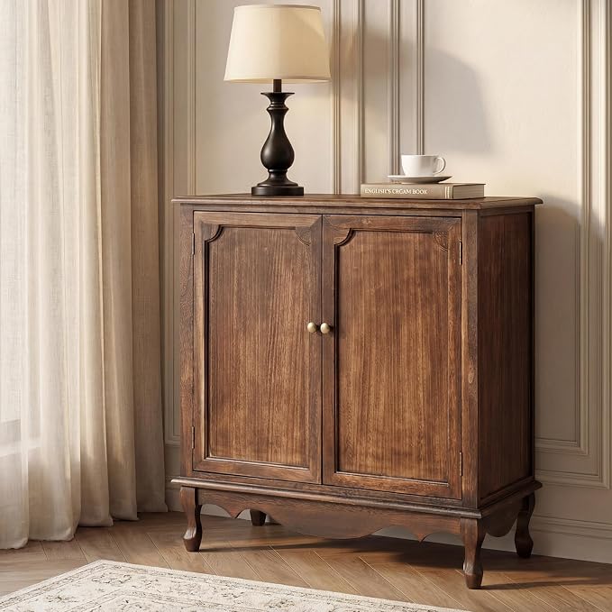 Solid Wood Sideboard with Adjustable Feet, 2 Shelves Storage Accent Cabinet - Image 3