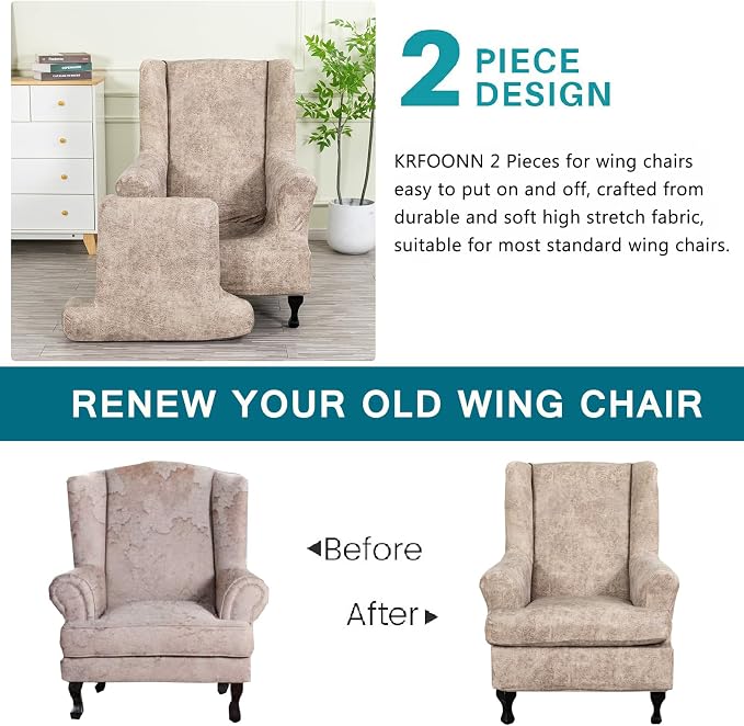 KRFOONN Wing Chair Slipcovers 2 Piece Stretch Leather Look Wingback Chair - Image 3