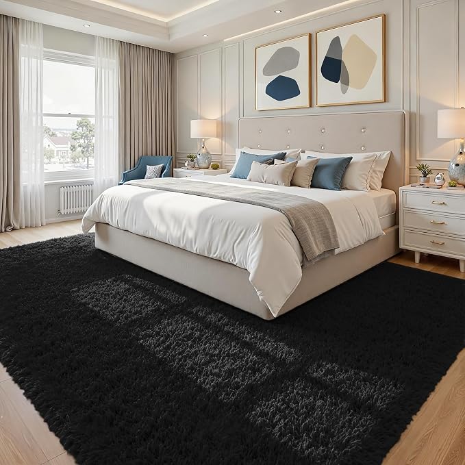 6x9 Fluffy Shag Area Rugs for Living Room Bedroom: Soft Plush Carpet Black | - Image 3